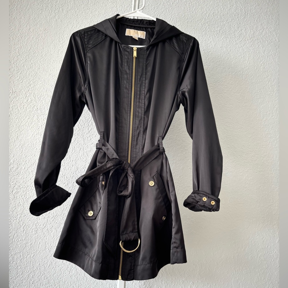Michael Kors Black Hooded Trench Coat with Gold Accents